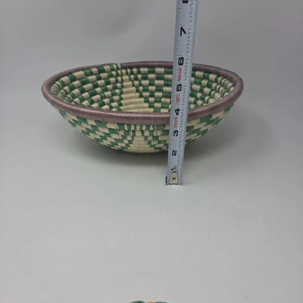 Vintage 11” Woven/Reed Coiled Basket Bowl Wall Green White African